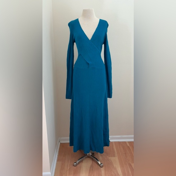 Tome Runway Teal Ribbed Merino Wool V Neck Long Sleeve Maxi Dress Size Medium - Picture 13 of 15